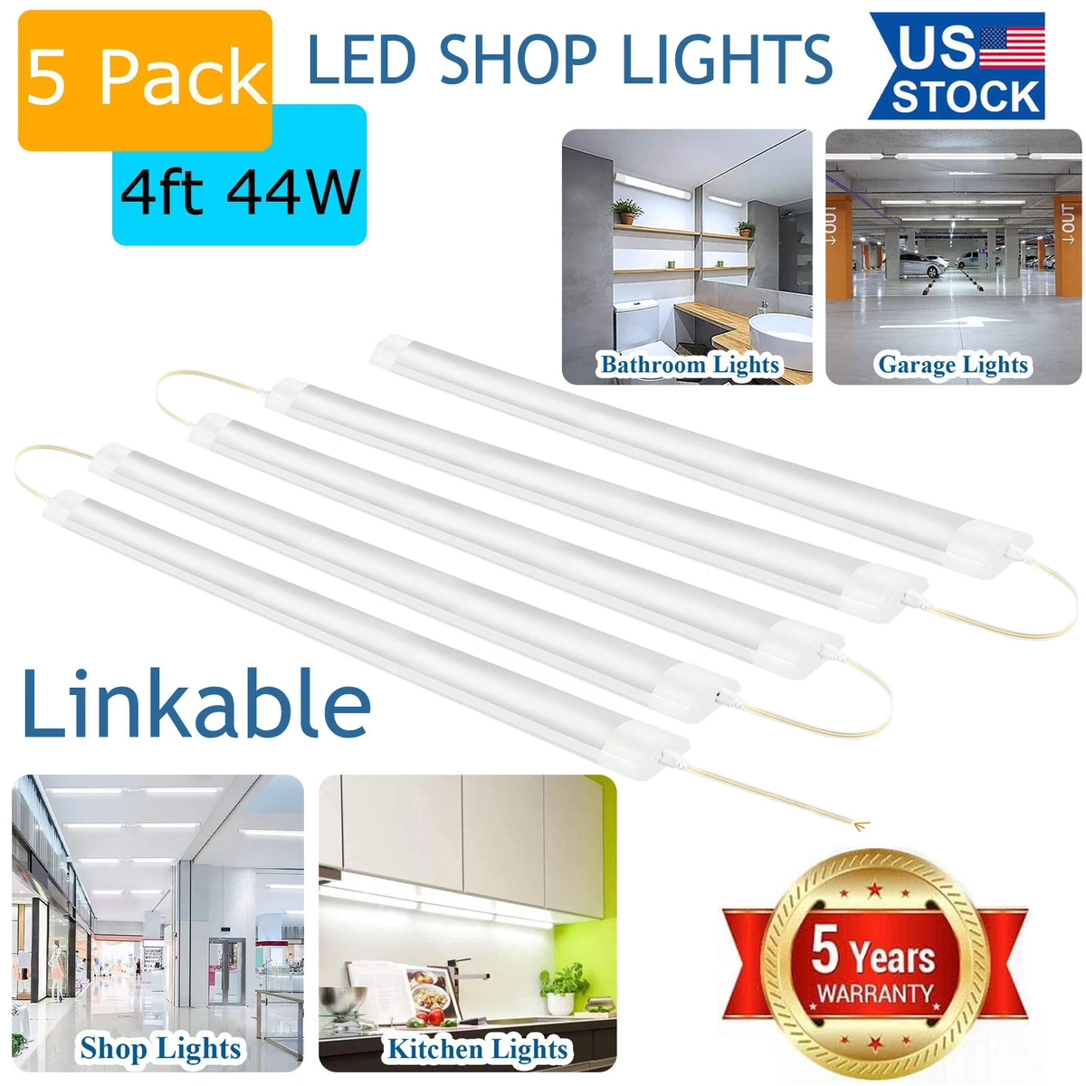 5 Pack 44W 4ft LED Batten Slimline Tube Light Strip Wall Ceiling Mount Daylight