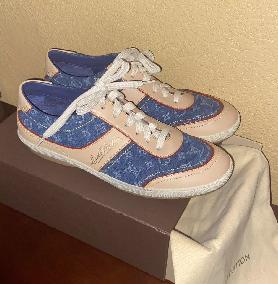 Women's Louis Vuitton Monogram Blue Denim Cream Patent Shoes Sneakers  39, 8.5, 9