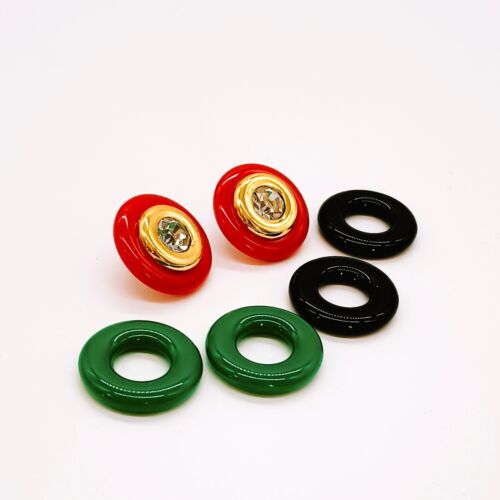 Vintage KJL for Avon Interchangeable Earrings Gold Tone Red Green Black Stud