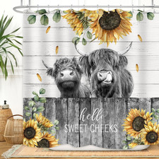 Farmhouse Highland Cow Shower Curtain Sunflower Funny Cattle Farm Western Wooden