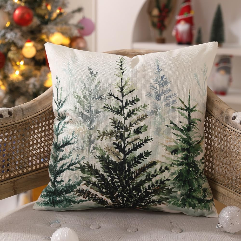 Christmas Pillow Covers 18X18 Inch Set of 2 Watercolor Blue Green Christmas Tree