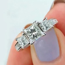 2Ct Princess Cut Lab Created Diamond Wedding 3-Stone Ring 14k White Gold Plated