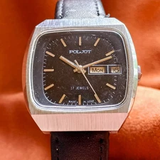 Soviet Wrist Watch Poljot 17 Jewels Vintage Men's Watch Black Dial USSR Serviced