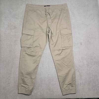 Pull & Bear Cargo Jogger Pants Men s XL Brown Canvas Tapered Leg Drawstring 