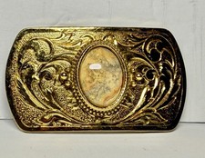 Vintage Western Belt Buckle Gold Tone Engraved Scroll Picture Jasper Agate Stone