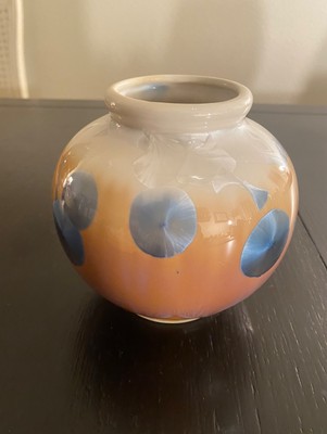 Art Vase Glaze Foil Blue Gold Floral Asian Japanese Beautiful Signed Crystalline