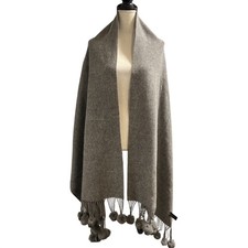 Blanket Scarf Gray 100 Wool Oversized Shawl Wrap Pom Pom Trim Quiet Luxury