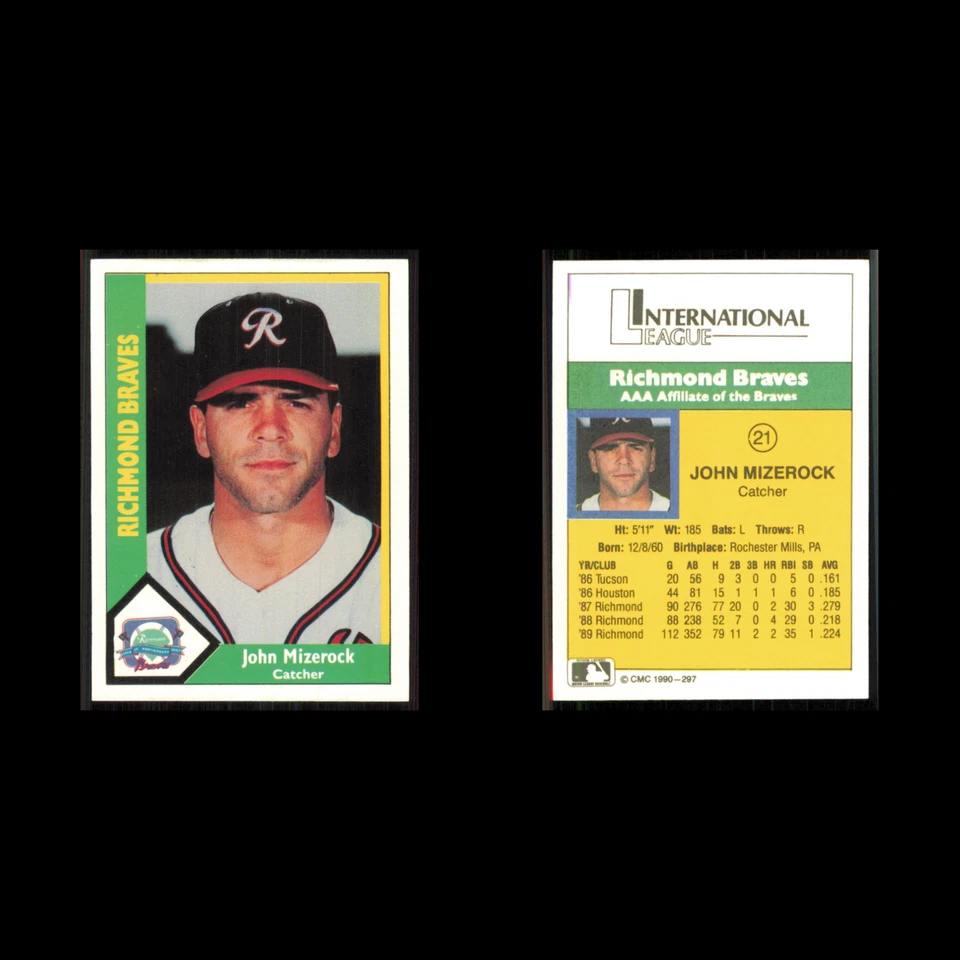 John Mizerock #297 1990 CMC Minor League Richmond Braves Baseball Card MLB NM - Image 3 of 3
