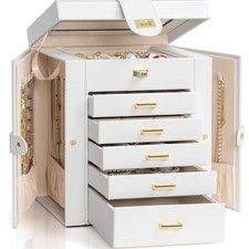 Luxury White Jewelry Storage Case - 6-Tier Organizer with Built-in Mirror