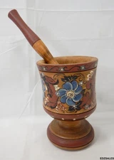 Vintage Scandinavian Folk Art Painted Wood Mortar and Pestle Set