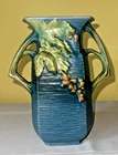 Vintage Roseville Pottery Bushberry Blue Vase 338-8 Art Pottery USA Double Handl