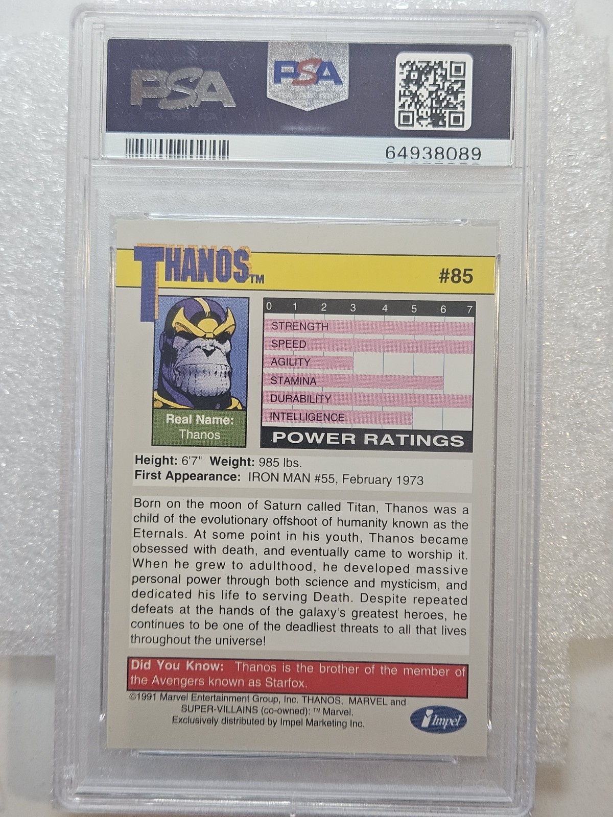 1991 Marvel Universe #85 Thanos PSA 9 Mint Super Villains Card view 2