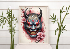 Japanese Print, Ikebana Hannya Mask, Tattoo Floral Home Decor, A4 Print