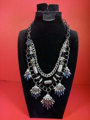Necklace JLo Jennifer Lopez Blue Rhinestone Multi Strand Gunmetal Tone Statement