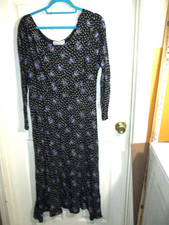 VTG Decked Out USA Black w Purple Floral Long Sleeve Rayon Long Dress-Sz. JR S-9