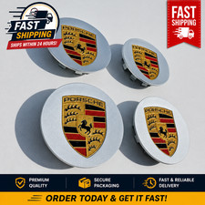 4 Porsche Silver Center Caps Concave 76mm Royal Crest 992 Cayenne 911 Carrera