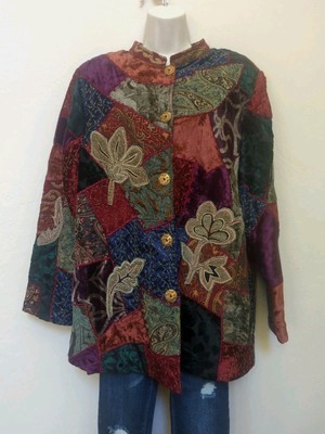 Vtg Indigo Moon Ladies SzL Boho Tunic Jacket Button Up Long Sleeve Maroon Floral