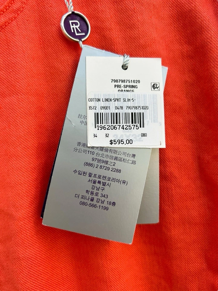 NUEVO CON ETIQUETAS Polo Ralph Lauren Púrpura Etiqueta Mezcla de Lino Pantalones Ajustados Para Hombres 34x32 Naranja $595 Foto 3 de 4