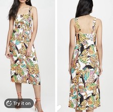 Farm Rio Summer Tropical Crazy Toucan Linen Midi Dress Pockets Size M