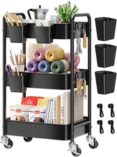 3 Tier Rolling Cart Metal with Wheels, Black Three Tiered Art Cart Organizer on 