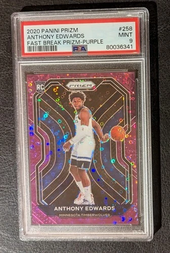 2020 Panini Prizm Anthony Edwards PSA 9 Fast Break Prizm Purple /75 RC #258