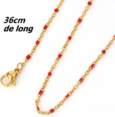 Collier,chaîne très fine femme mini perle émail rouge Acier Inoxydable 36cm - Photo 1/3