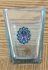 Large square clear glass candle holder / vase w/purple bubble glass circle decor