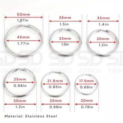 50 x Edelstahl Spaltringe rund flach Schlüsselringe Doppelschlaufe 20 mm - 50 mm