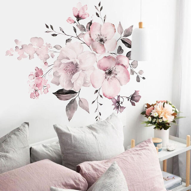 Removable Wall Stickers Watercolour Dusty Pink Flowers Leaves Home Decor AU