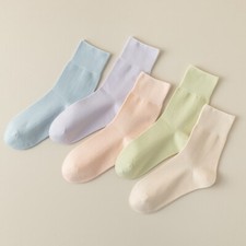 Women Solid Cotton Mid Calf Tube Socks Thin Breathable Stretch Socks 5 Pairs
