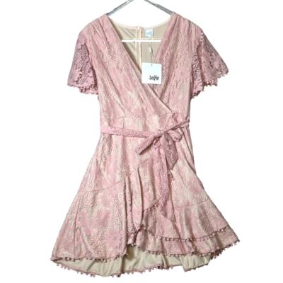NEW! SELFIE LESLIE Mini Dress XL Blush Pink Lace Faux Wrap Flutter Sleeve  Belted | eBay