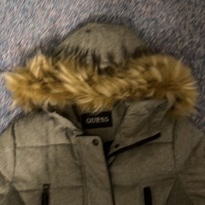 GUESS Hooded Faux Fur Trim Full Zip Long Puffer Coat Grey Women's Size Medium