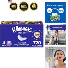Ultra Soft Facial Tissues, 4 Flat Boxes, 180 Tissues per Box, 3-Ply, Packagin...
