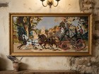 Vintage gerahmter Wandteppich Nadelspitze Pferdekutsche Kutsche Wandkunst 26x13,5"