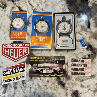 #ad Vintage HEUER Trackmaster SIMONIZ Stopwatch Racing Speed Calculator Complete Set $499.90