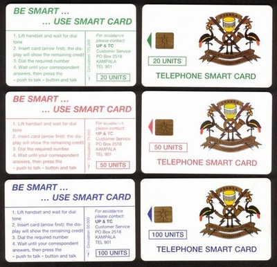 20, 50, 100u Uganda Coat of Arms: 3 Different Chip Cards USED Phone Card