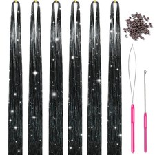 2024 Hair Tinsel Kit - 1200 Strands of Sparkling 47 Black Fairy Hair Extensions