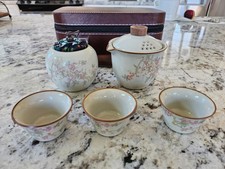 Vintage Chinese Porcelain Tea Set includes tea storage bottle in carrying case