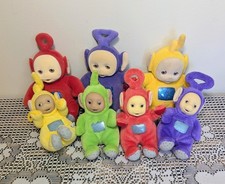 Vintage 1998 Eden Teletubbies Beanbag Flock Face Plushies and Mini Clip Set