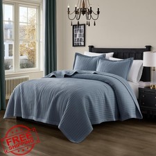 WDCOZY Dusty Blue Twin Quilt Set, Striped Pick Stitch Coverlet