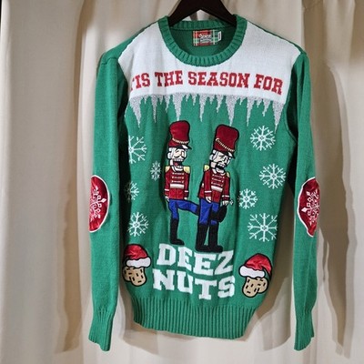 Spencers Mens Deez Nuts Ugly Christmas Sweater Green Nutcracker Medium