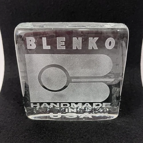 Blenko Glass Logo Paperweight Etched Handmade USA Clear Block