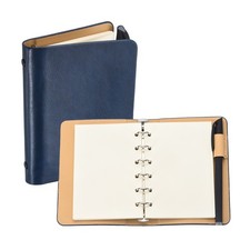 6 Ring Binder Cover A7 Leather Notebook with Blank Paper and Pen, Dark Blue