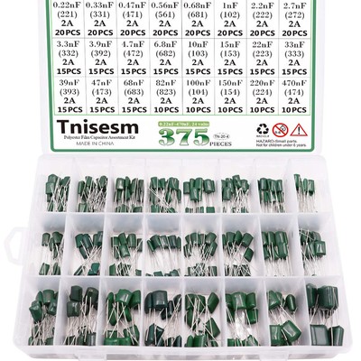 375 Pcs 24 Value Metalized Mylar Polyester Film Capacitors Assortment Kit 0.2...