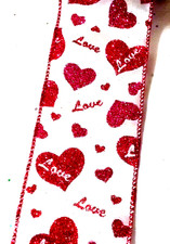 Valentine's Day 2.5" by 2 yards Wired Ribbon Glitter Red  Pink Hearts Love