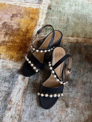 Tory Burch Emmy Pearl Embellished Leather Ankle Strap Sandals BlackItem