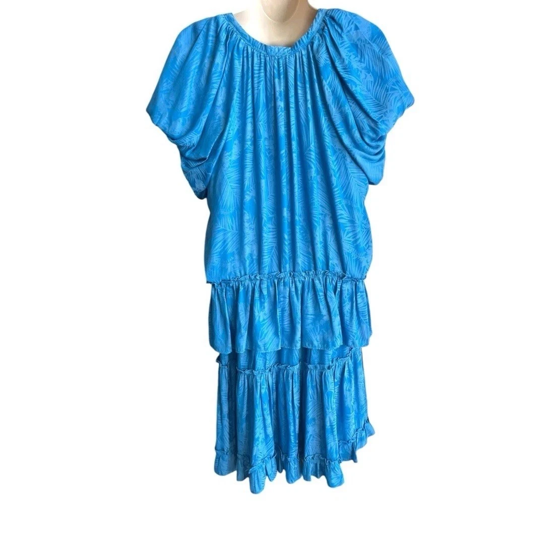 PALM ANGELS Current Air Los Angeles mini abito plissettato con fronde blu palma e volant taglia media