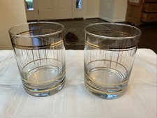 Vintage Set 2 MCM Culver Made In USA Gold Striped Lowball Old Fashion Glasses