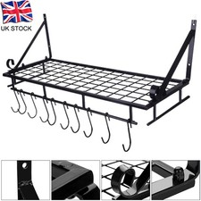 Wall Mounted Kitchen Utensils Pan Pot Hanging Rail Rack 10 Hooks Hanger Shelf UK