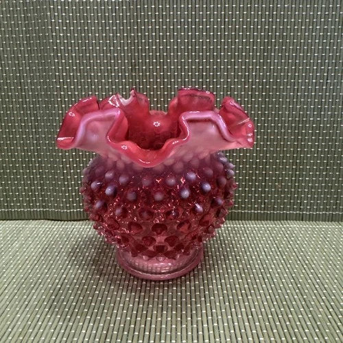 Fenton Cranberry Opalescent Hobnail 4 1/2 Double Crimped Vase Ruffled Edge